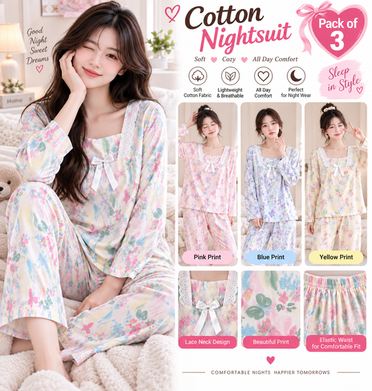 Women's Cotton Floral Printed Nightsuit Pack of 3 – Korean Style Nightwear Wholesale
