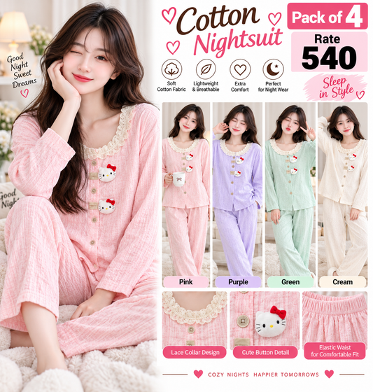 Women's Cotton Nightsuit Pack of 4 – Lace Collar Cute Button Nightwear Wholesale