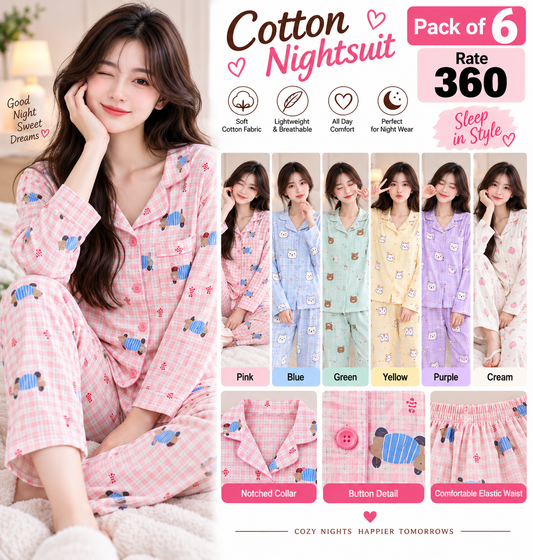 Women's Cotton Printed Nightsuit Pack of 6 – Notched Collar Button Nightwear Wholesale