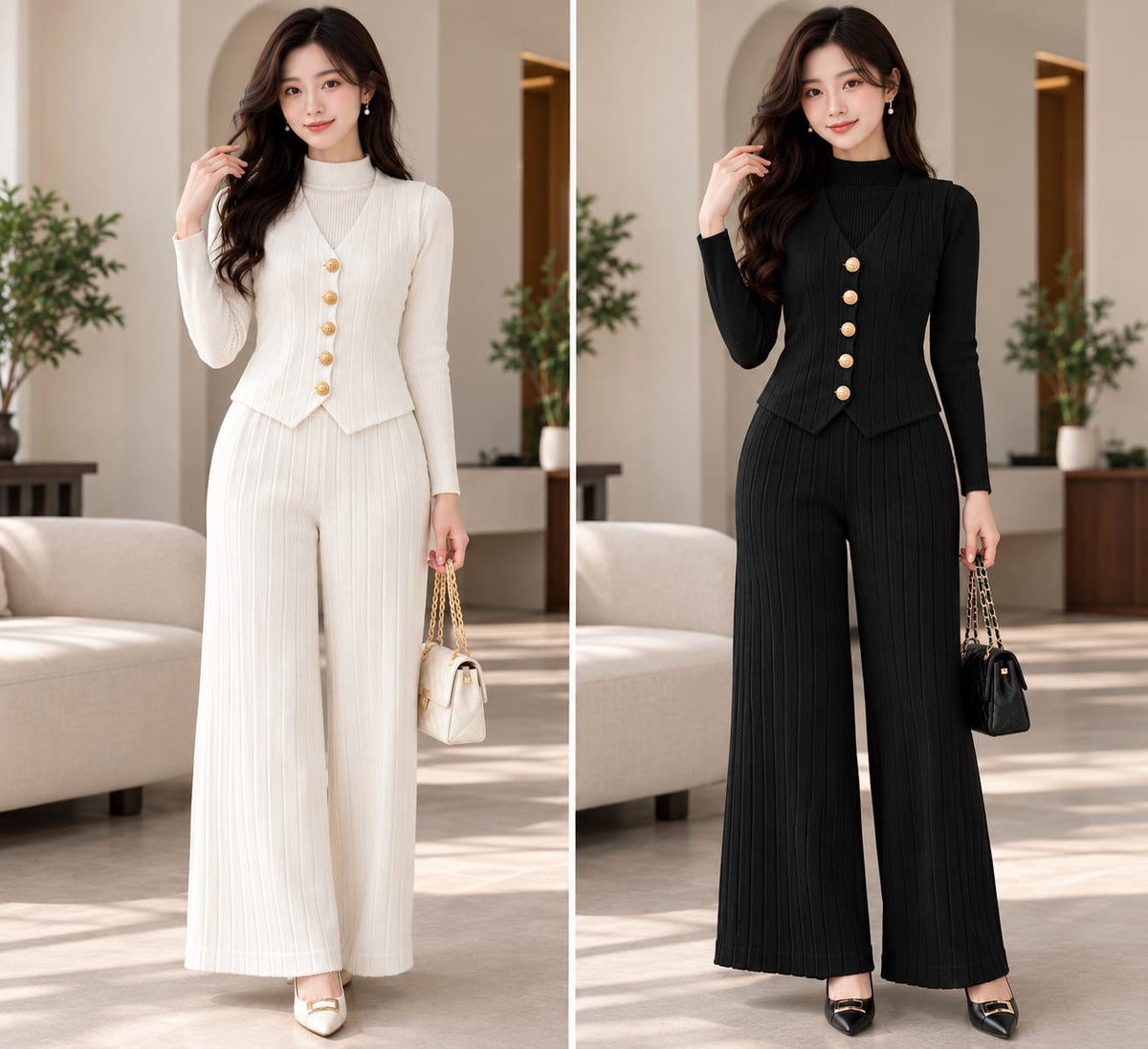 Black and ivory Korean ribbed three piece co ord set with vest high neck top and wide leg trousers