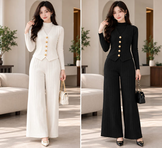 Black and ivory Korean ribbed three piece co ord set with vest high neck top and wide leg trousers