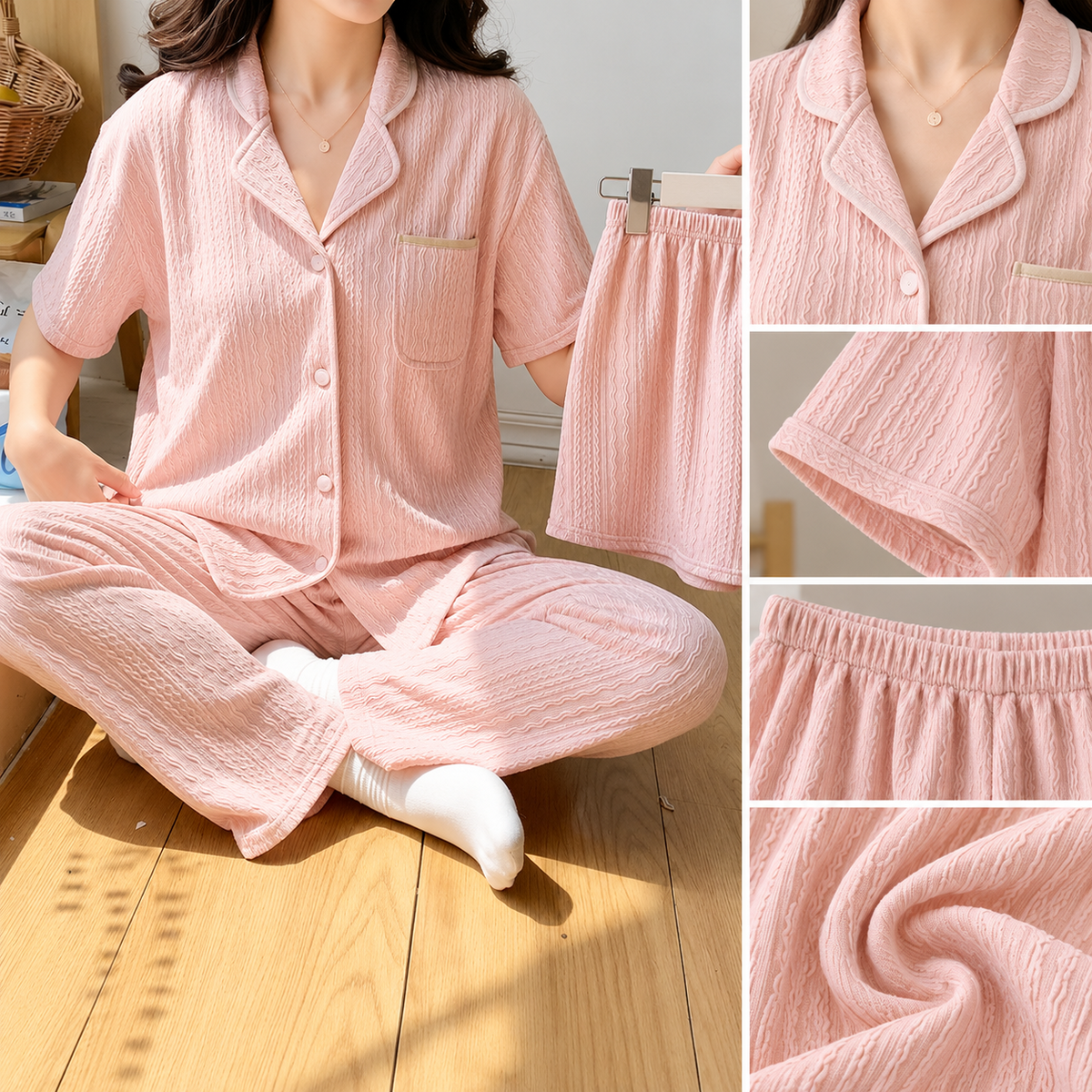 Blush pink textured short sleeve button front pajama shirt with matching full length trousers