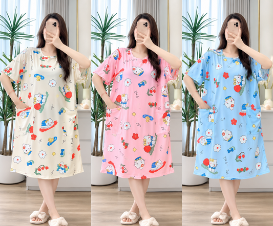 Cream pink sky blue cartoon cat print pocket nightdress Korean wholesale