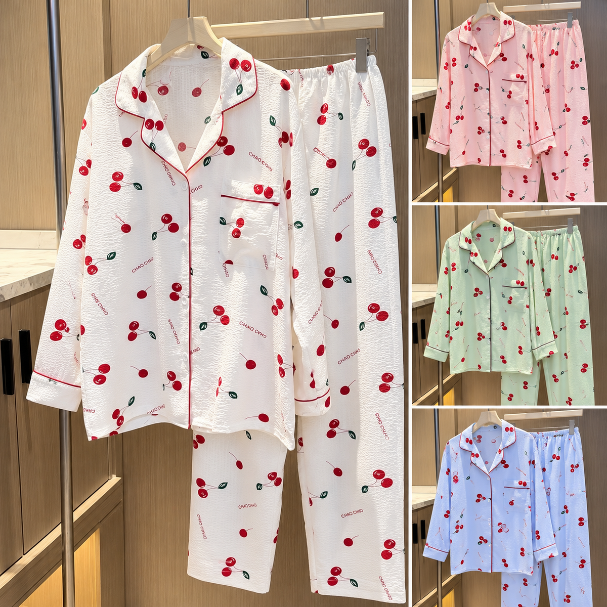 Cherry print Korean long sleeve pajama set four pastel colours wholesale