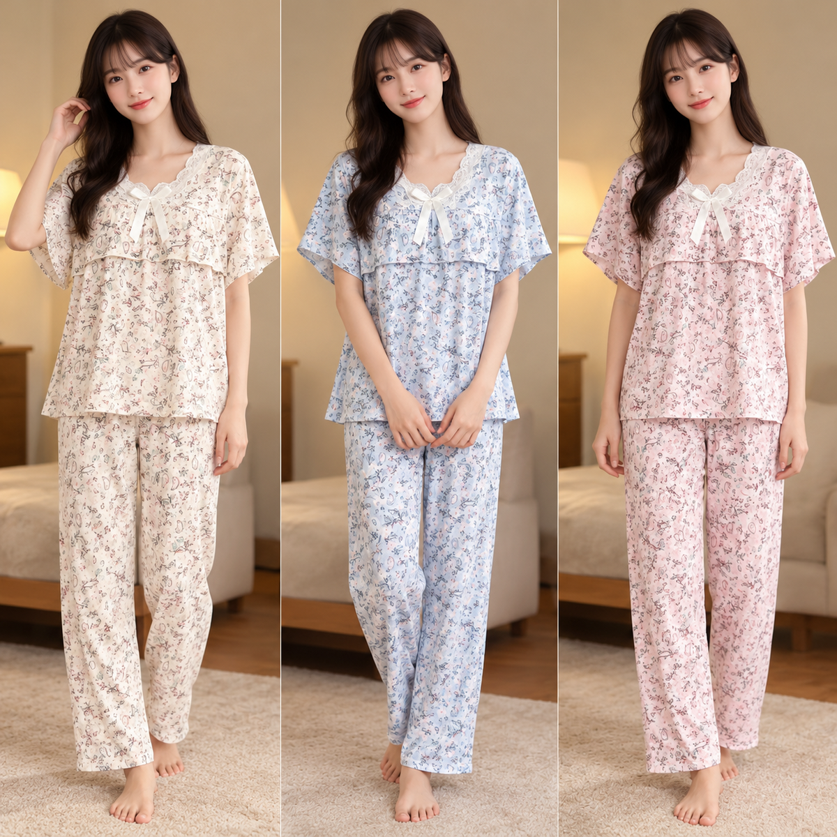 Cream blue pink floral ruffle lace bow pajama nightwear wholesale