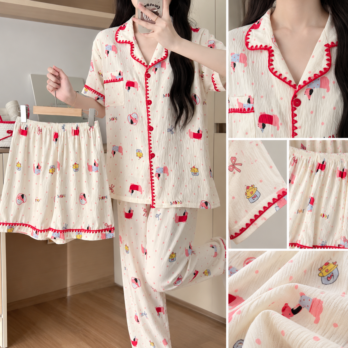 Cream cartoon print women's pajama set red piping shirt and full-length pants