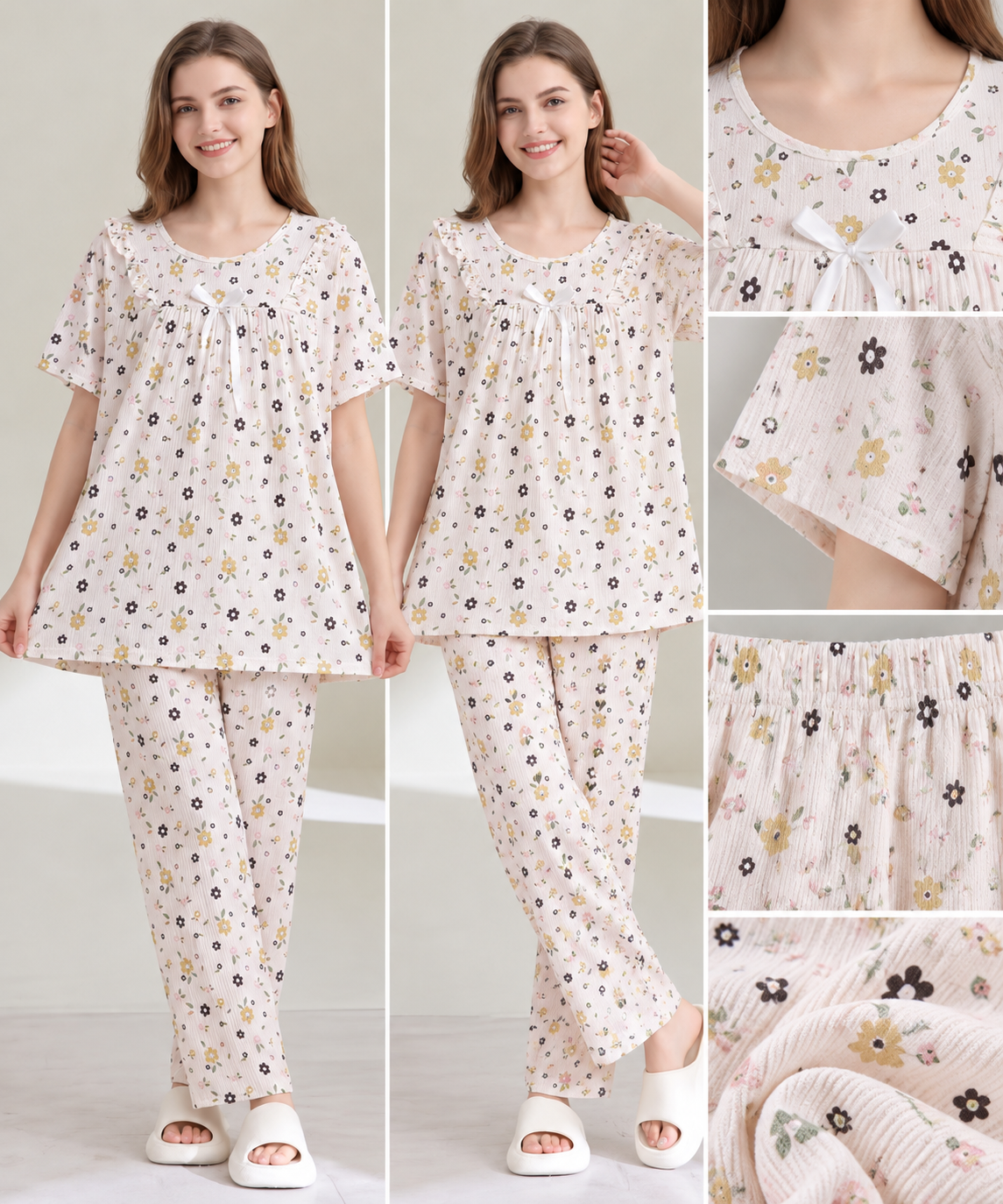 Cream floral ruffle bow Korean nightwear top and matching trouser set