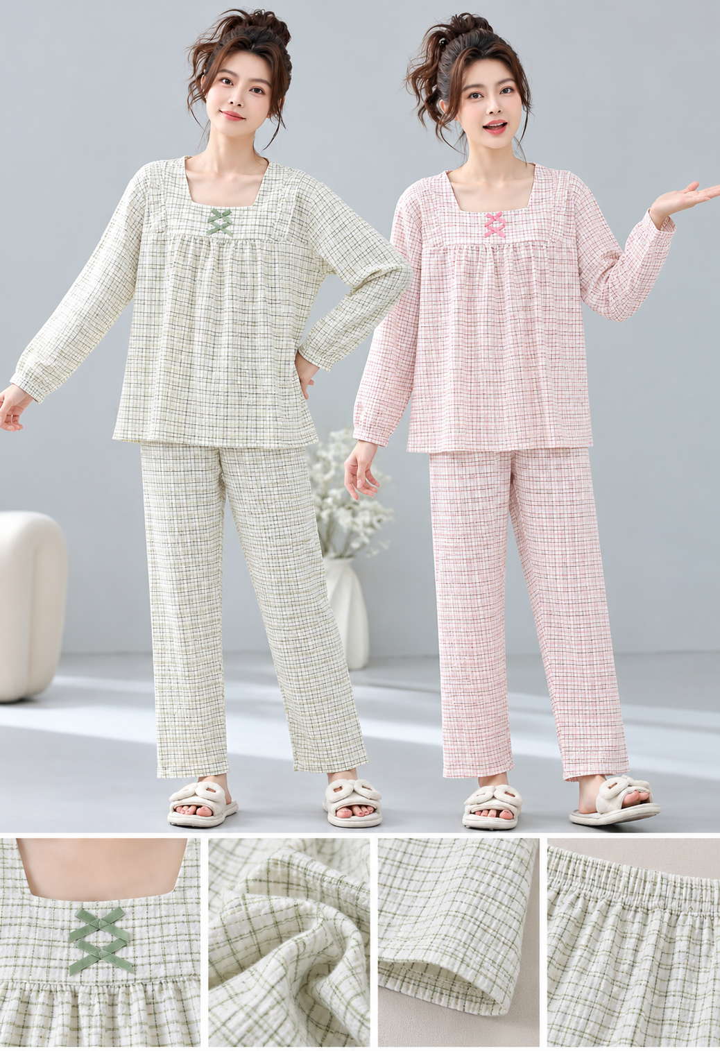 Cream green and pink checked Korean square neck pajama set wholesale