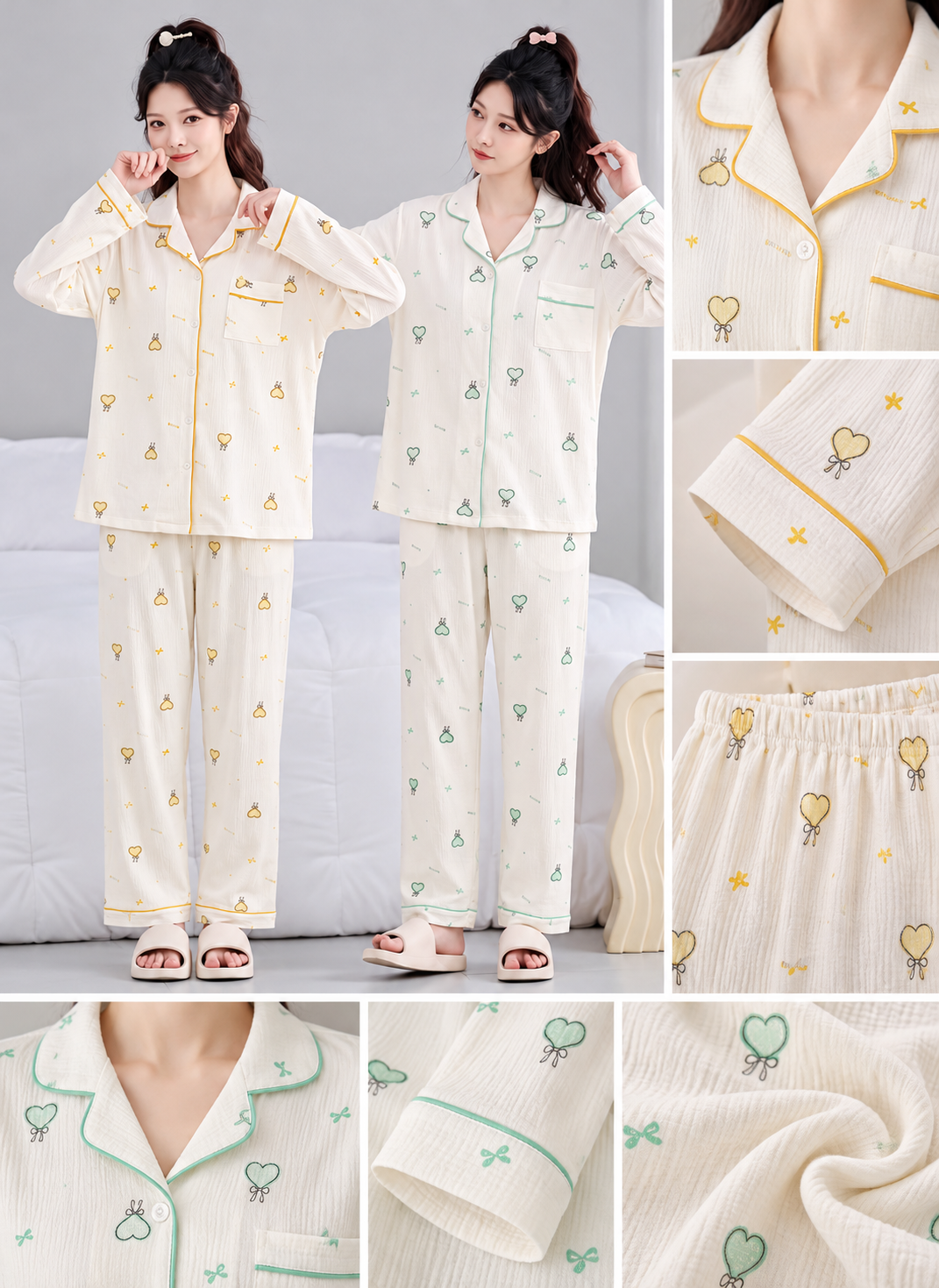 Cream yellow and mint heart print long sleeve Korean nightwear shirt and trouser set