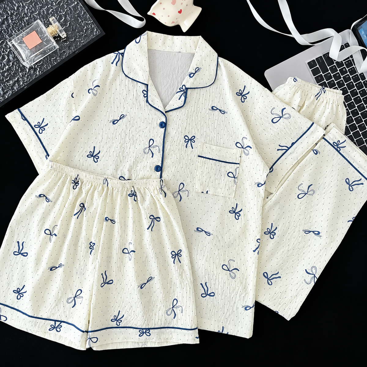 Cream navy blue bow print Korean three piece nightwear set wholesale