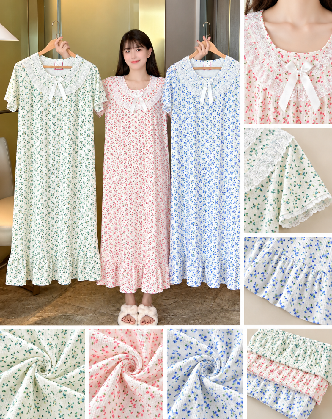 Cream pink blue floral lace collar bow nightdress wholesale