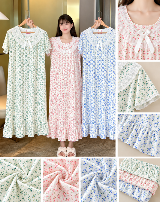 Cream pink blue floral lace collar bow nightdress wholesale