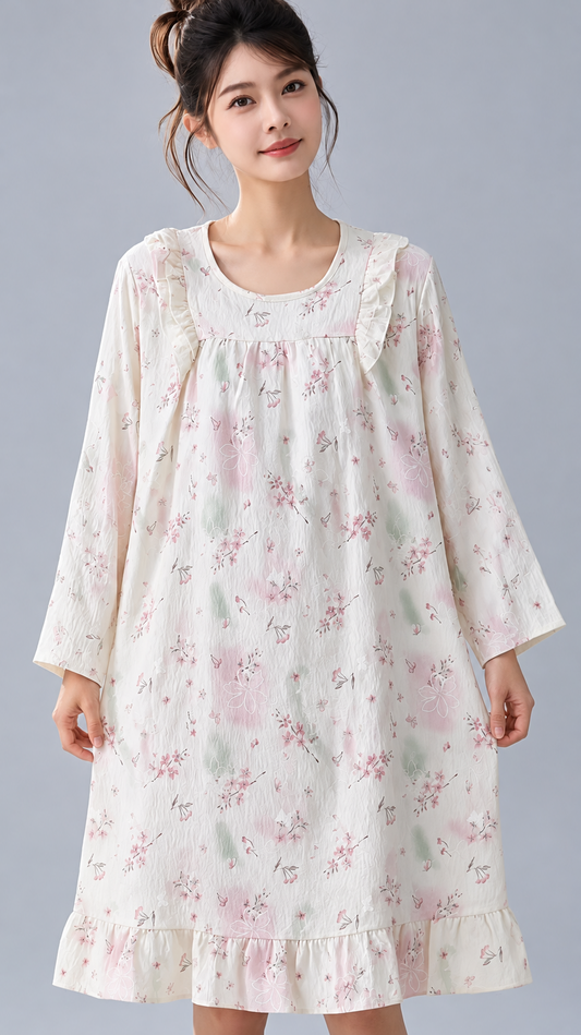 Cream pink floral ruffle nightdress Korean wholesale sleepwear