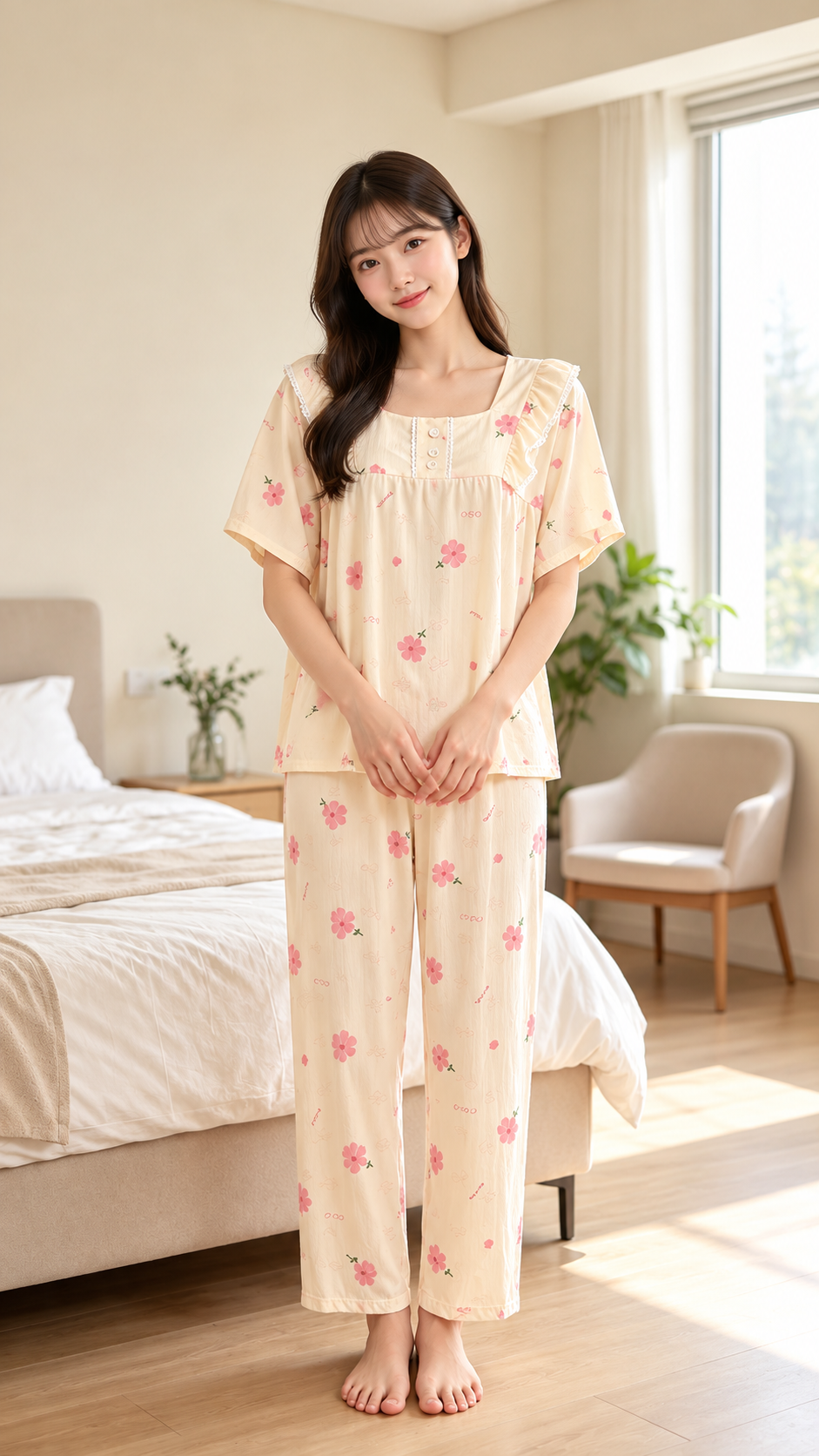 Cream pink floral square neck ruffle shoulder women's pajama nightwear set