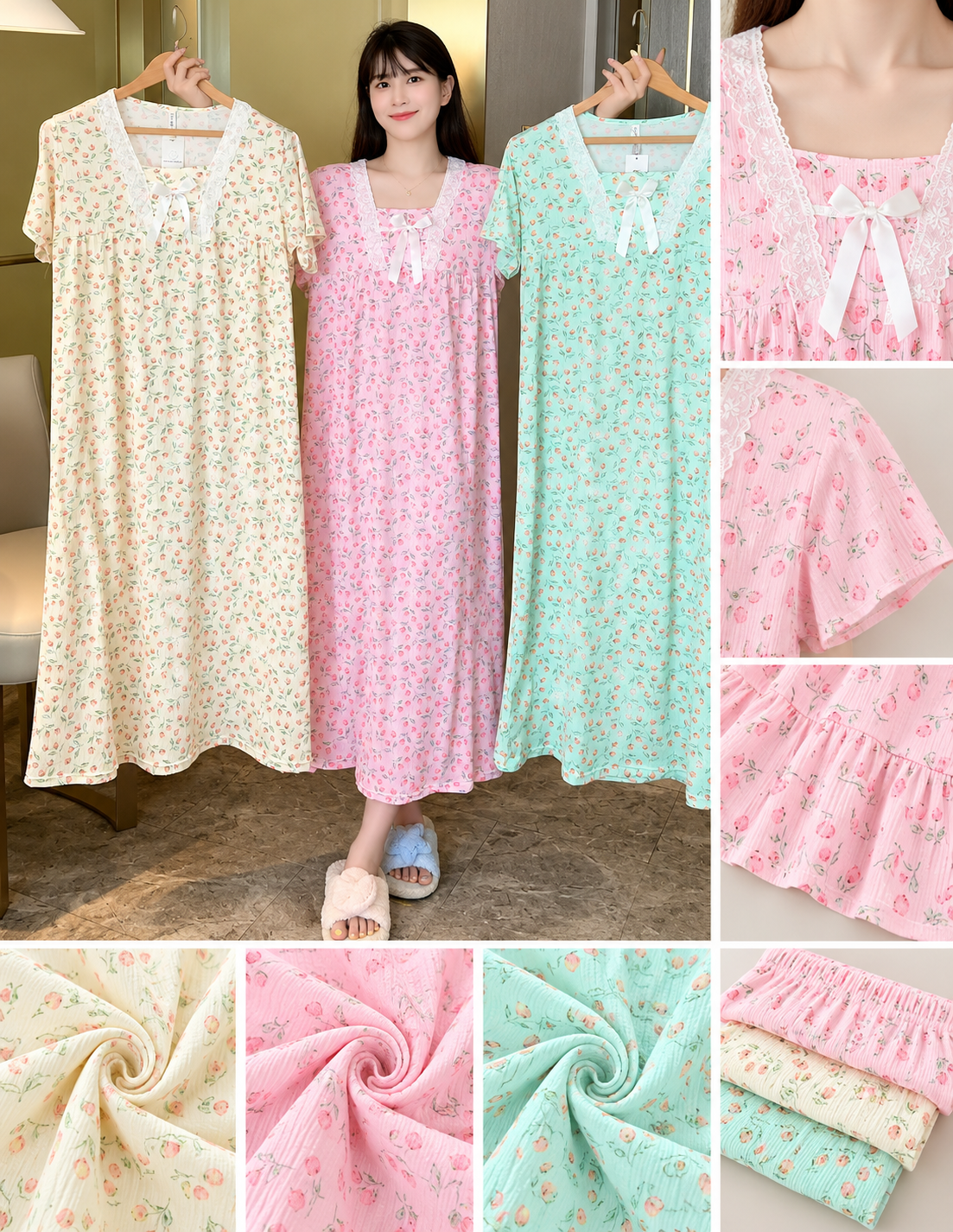 Cream pink mint floral lace V neck bow nightdress wholesale