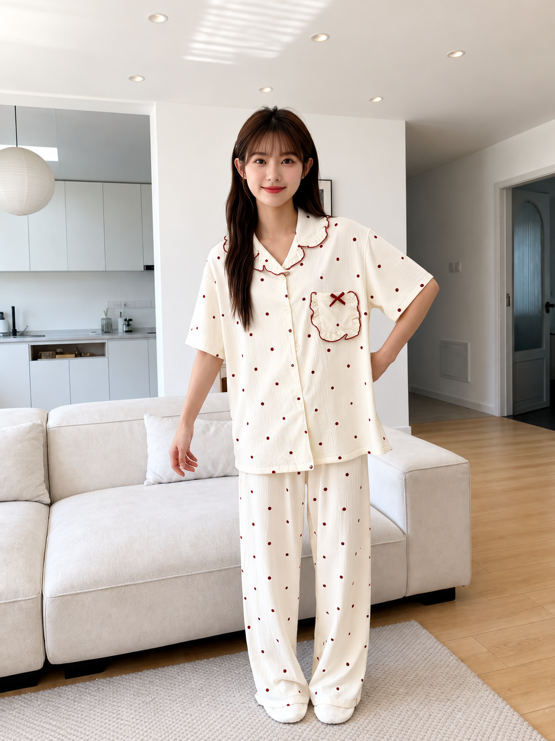Cream red polka dot two piece pajama set Korean wholesale nightwear