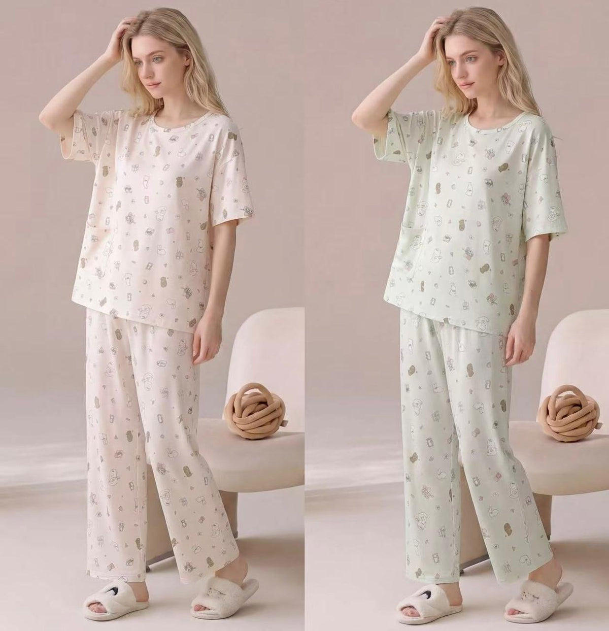 Cream sage pastel print women's short sleeve night suit