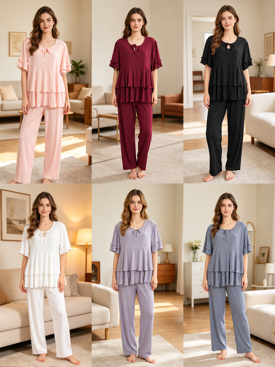 Six colours of women's double-layer ruffle nightwear pajama sets with tie neck and full-length pants