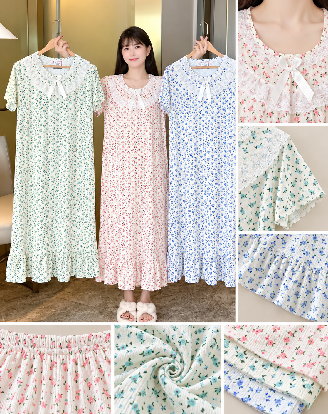 Green pink blue floral lace bow ruffle hem nightdress wholesale