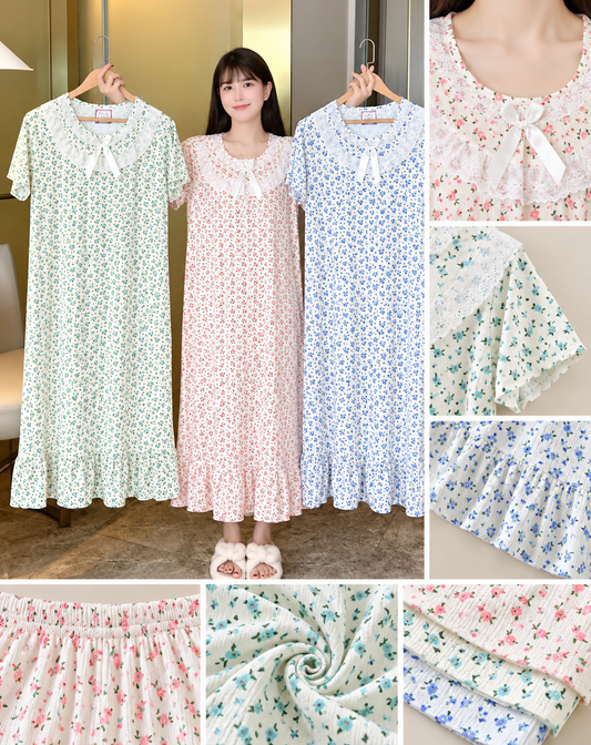 Green pink blue floral lace bow ruffle hem nightdress wholesale