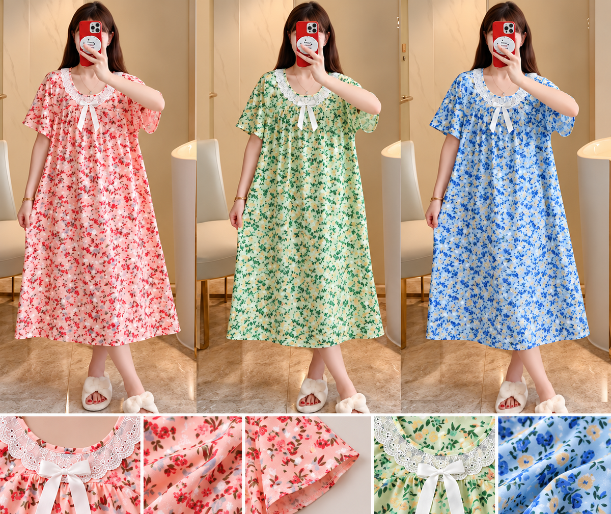 Pink green blue floral lace neck nightdress Korean wholesale