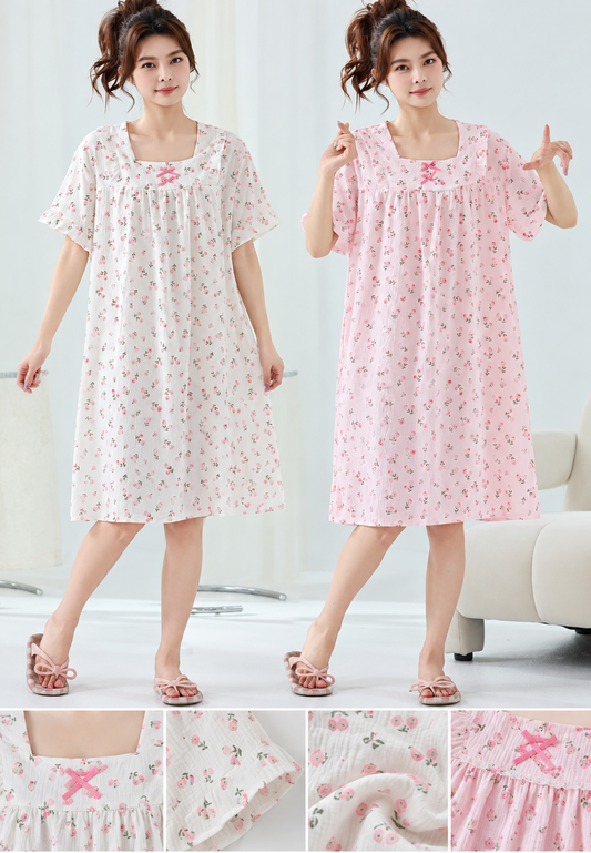White pink floral square neck bow nightdress wholesale Korean sleepwear