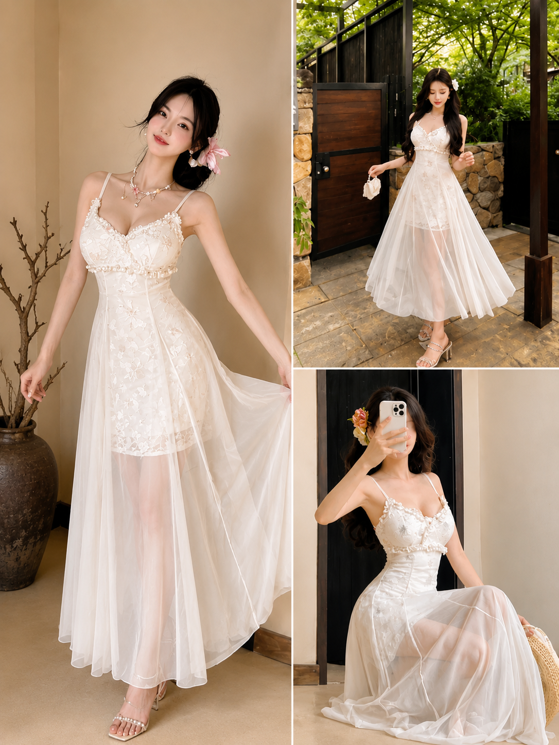 Luxury White Floral Net Maxi Dress for Women | Korean Fairy Party Dress | Elegant Evening Wear