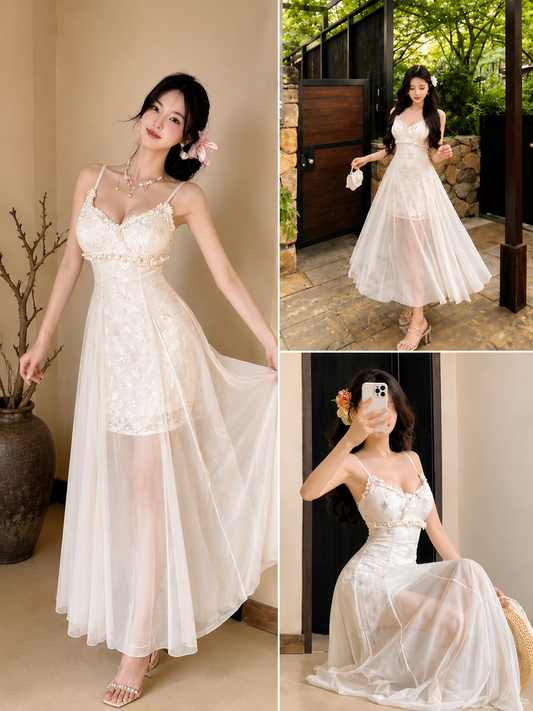 Luxury White Floral Net Maxi Dress for Women | Korean Fairy Party Dress | Elegant Evening Wear