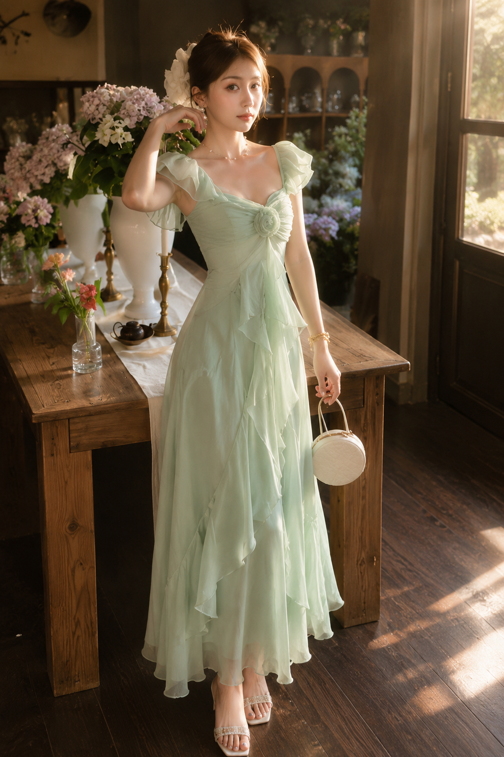 Mint Green Chiffon Maxi Dress for Women | Elegant Party Wear Gown | Wholesale Western Wear Mumbai
