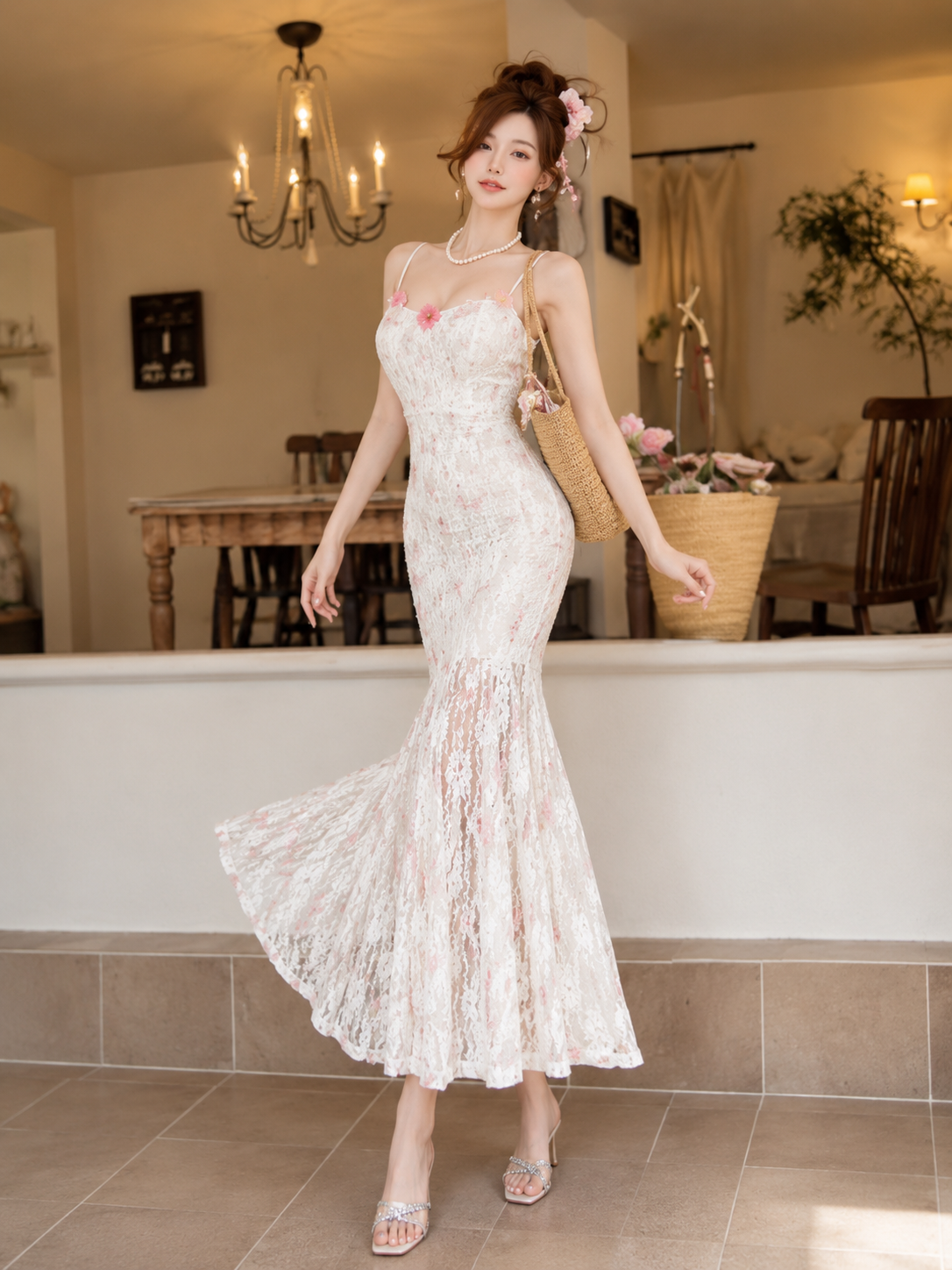 Elegant Lace Mermaid Dress for Women | White Floral Party Maxi Dress | Wholesale Western Wear Mumbai