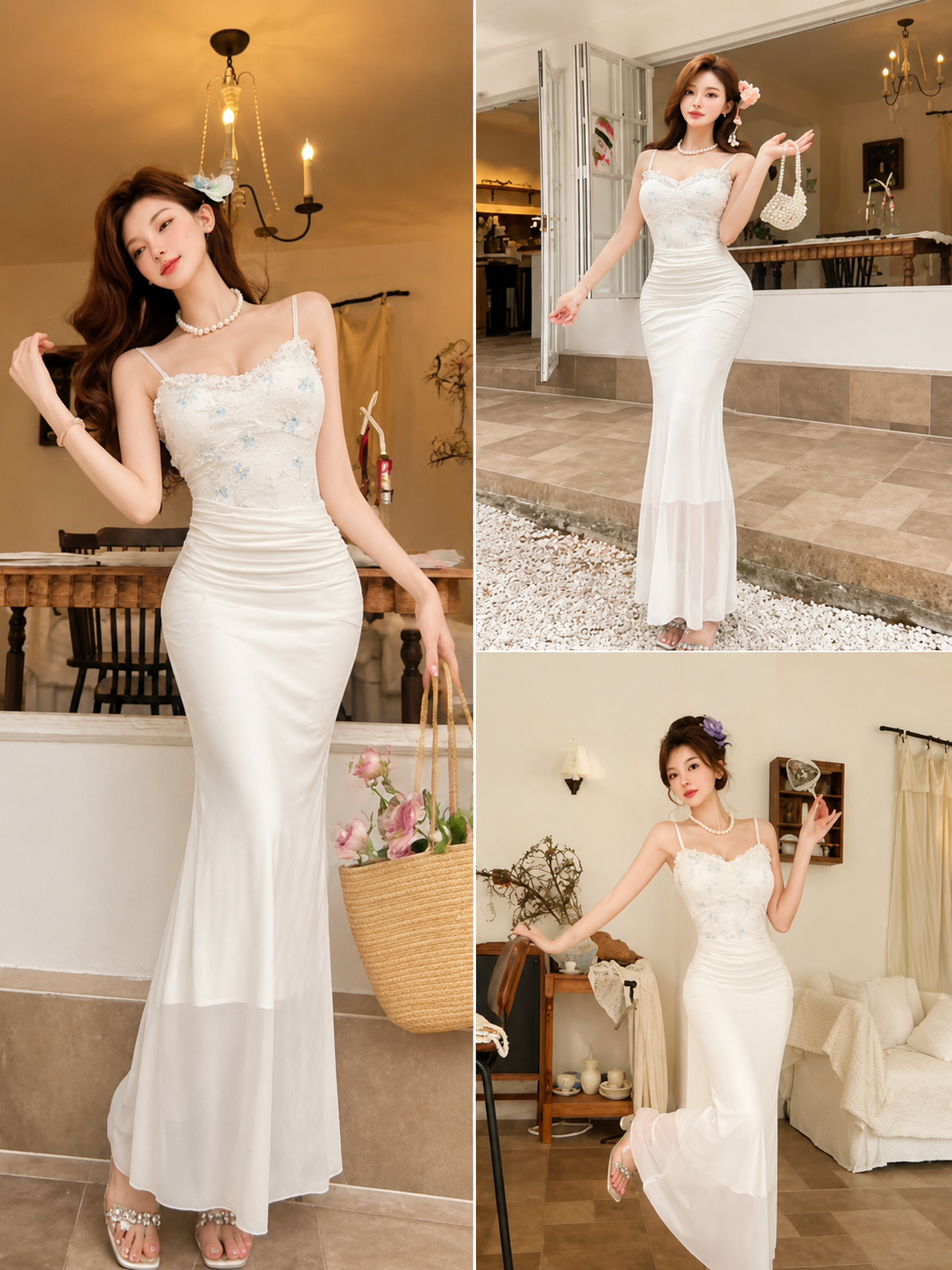Elegant White Korean Maxi Dress for Women | Floral Bodycon Mermaid Party Dress | Luxury Evening Wear