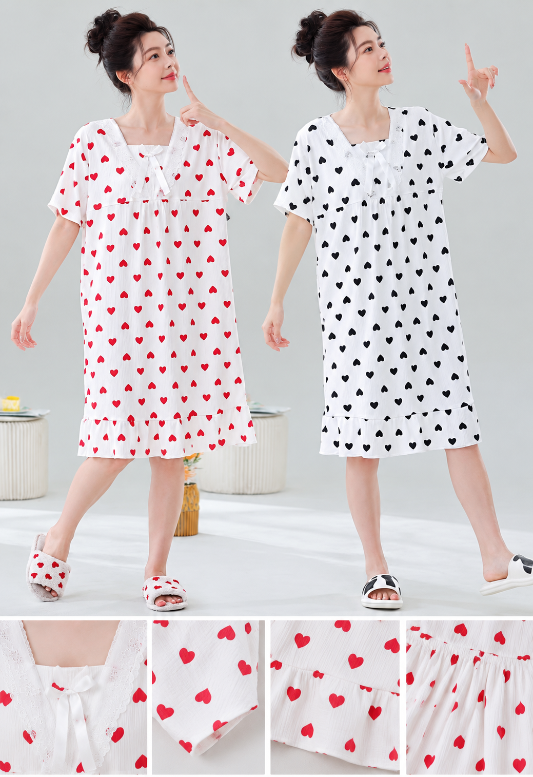 Red and black heart print lace neck women's short sleeve nightdress wholesale