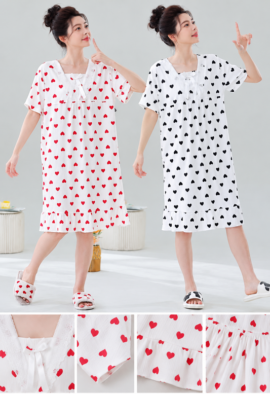 Red and black heart print lace neck women's short sleeve nightdress wholesale
