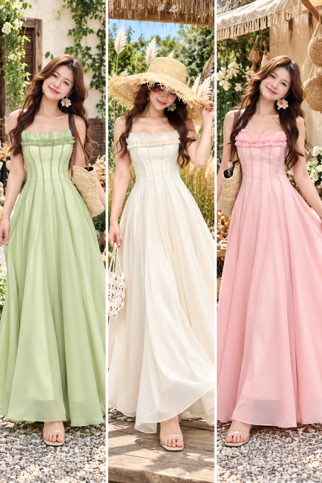 Sage green ivory and pink ruffle maxi gowns wholesale – models wearing