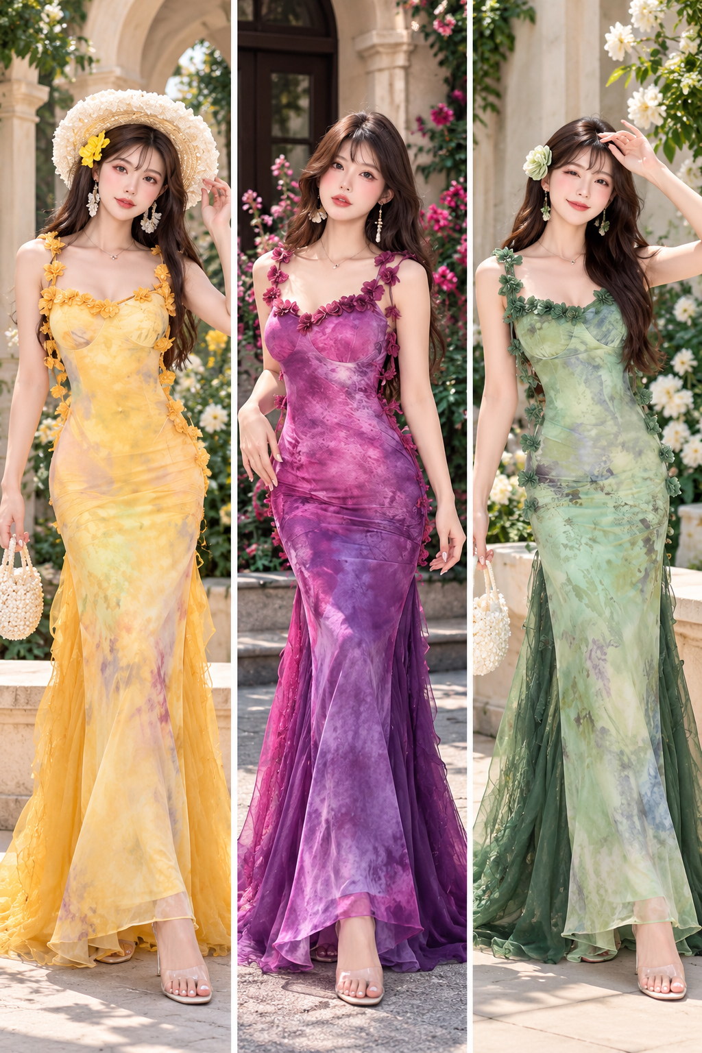 Yellow purple sage green floral applique maxi gown wholesale – models wearing