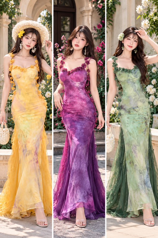 Yellow purple sage green floral applique maxi gown wholesale – models wearing