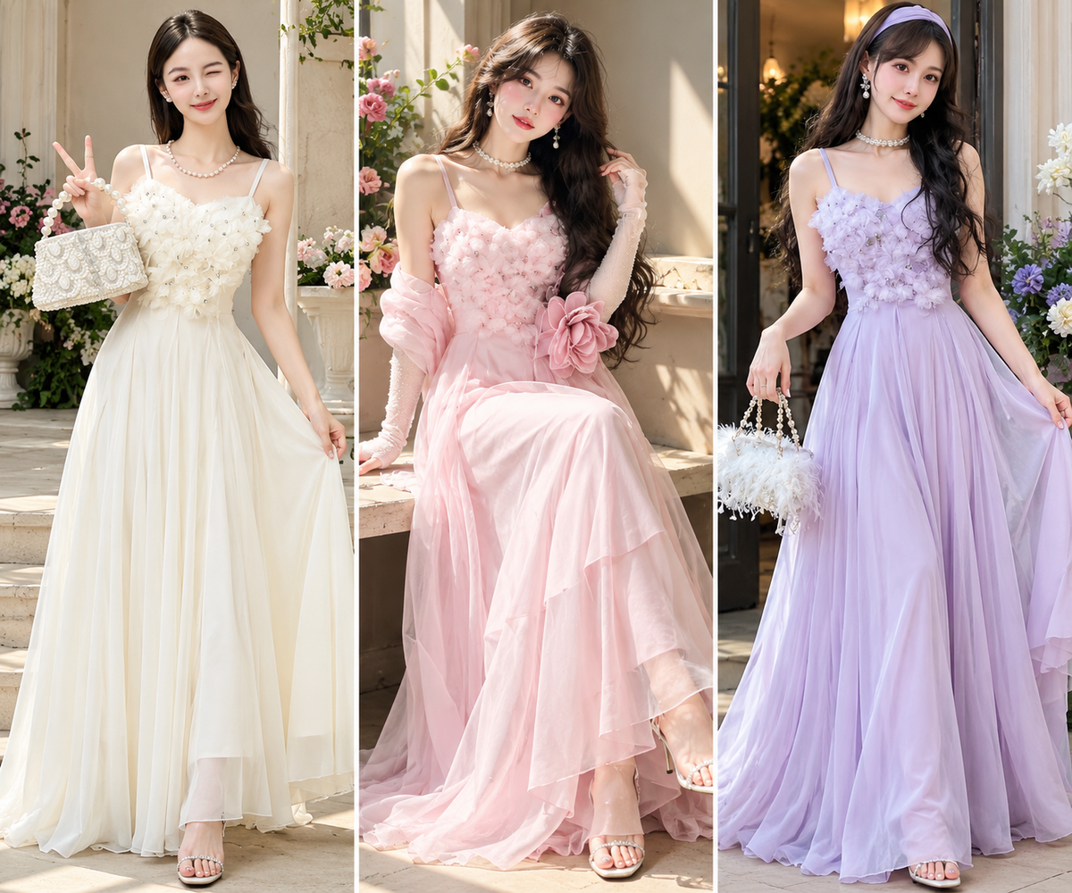 Ivory pink lavender 3D floral applique maxi gown wholesale – models wearing