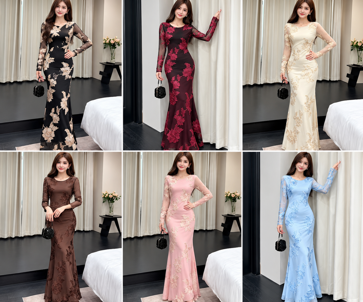 Multicolour floral embroidery-look mermaid gown wholesale – six models wearing