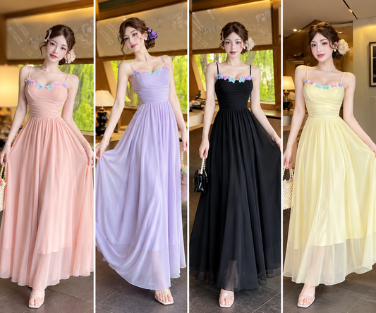 Pink lavender black yellow floral trim spaghetti strap maxi gowns wholesale – four colours