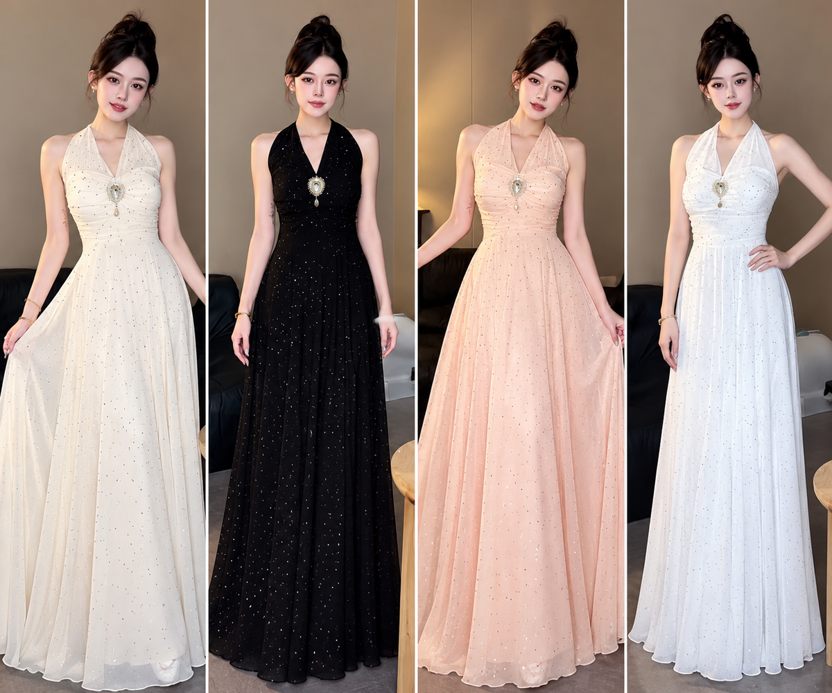 Ivory black blush pink white embellished halter neck maxi gown wholesale four colour designs