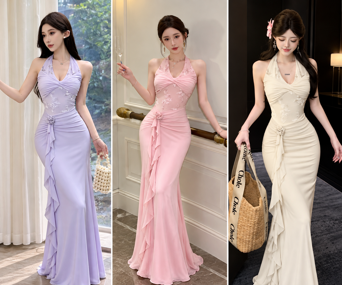 Lavender pink ivory halter neck floral lace ruffle mermaid maxi gown wholesale – three colours