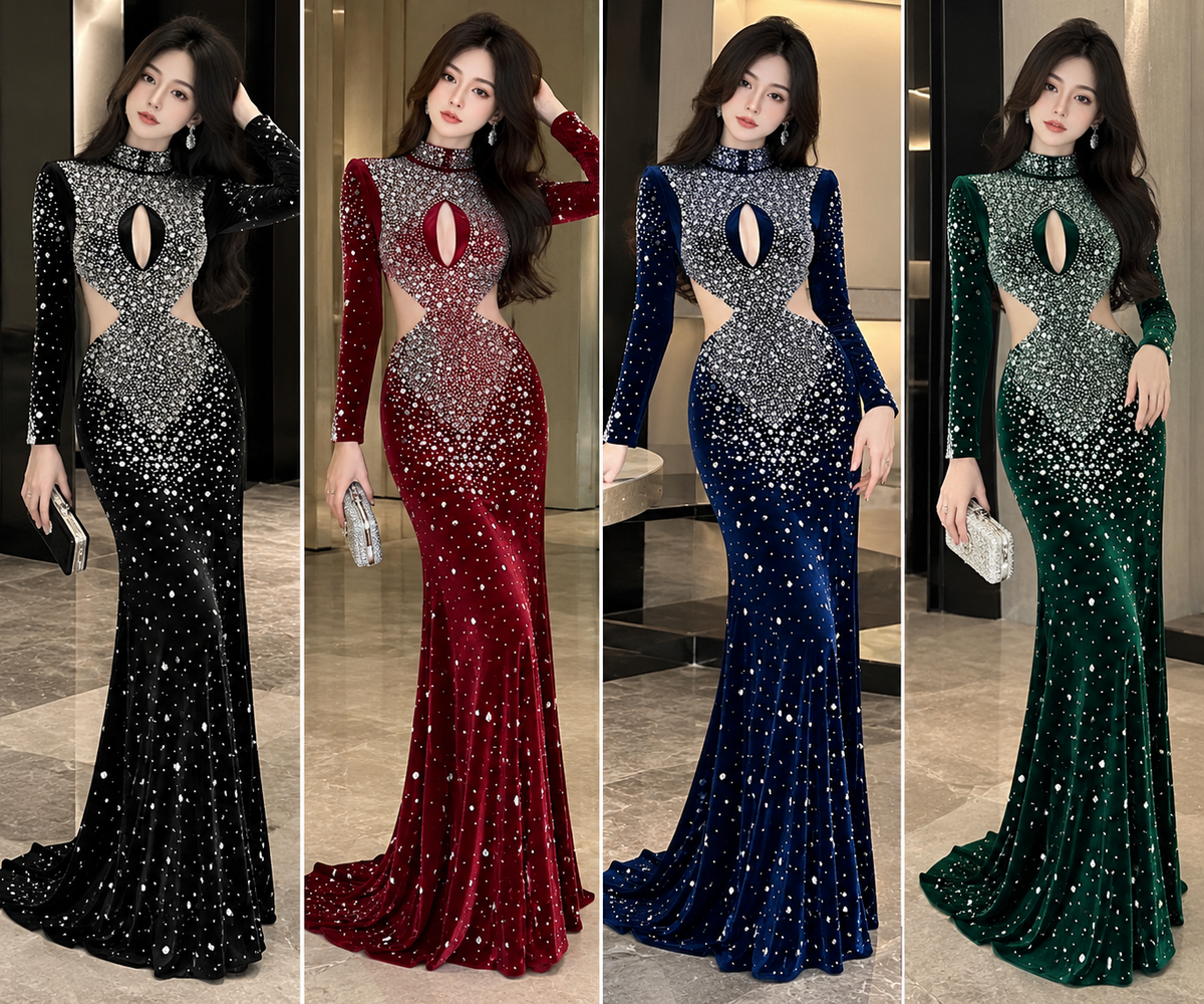 Black burgundy navy green rhinestone-look cutout keyhole long sleeve mermaid gown wholesale