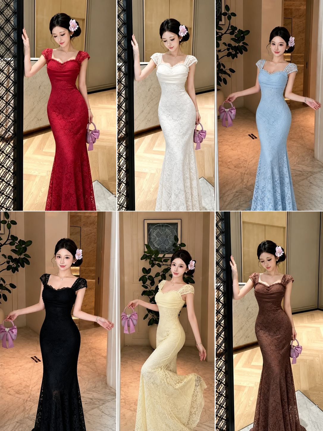 Red white blue black yellow brown lace cap sleeve sweetheart mermaid gown wholesale six colours