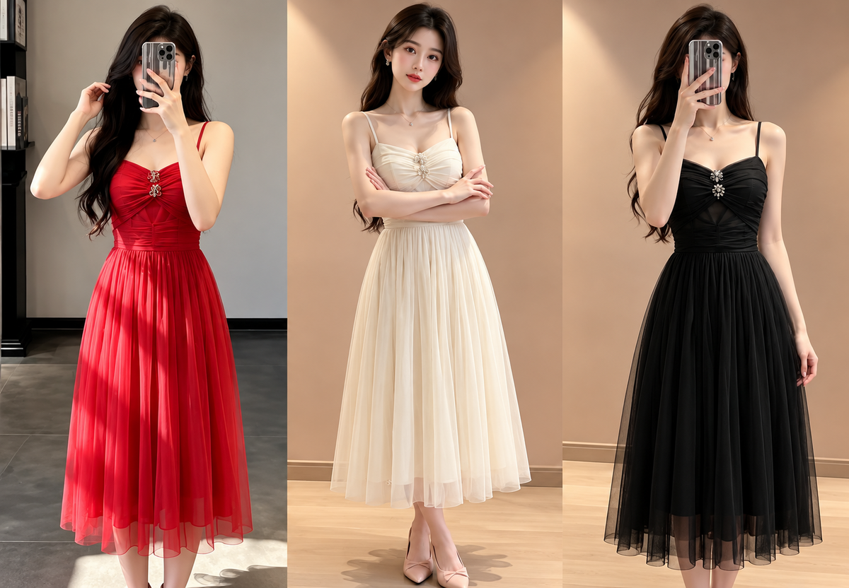 Red ivory black ruched sweetheart spaghetti strap floral brooch tulle midi dress wholesale front view