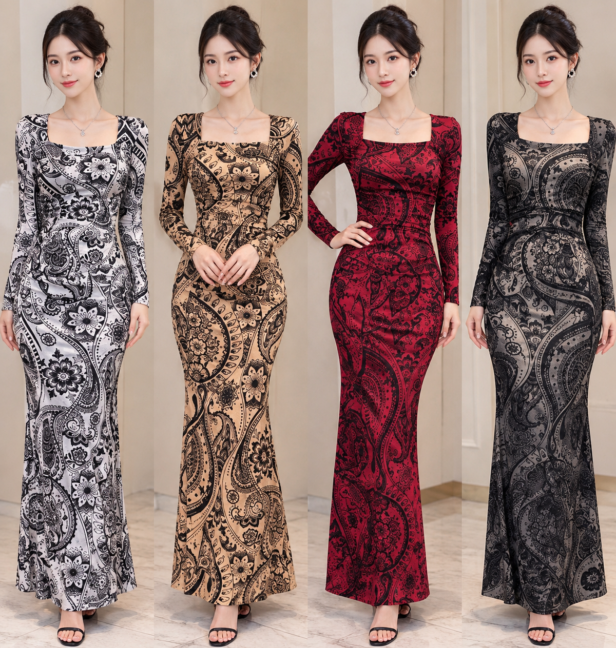 Black white tan red grey paisley print square neck long sleeve maxi bodycon gown wholesale front view