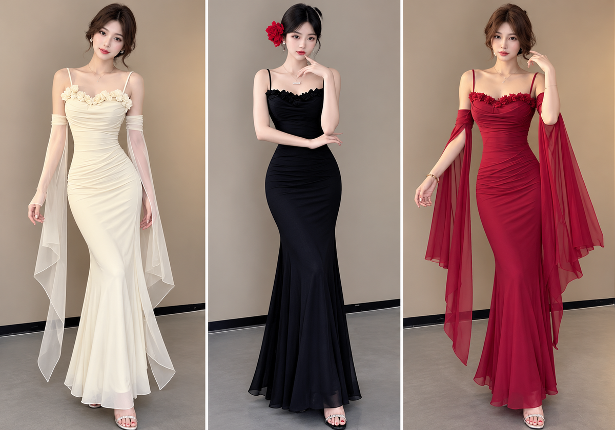 Ivory black red floral neckline ruched mermaid maxi gowns wholesale front views