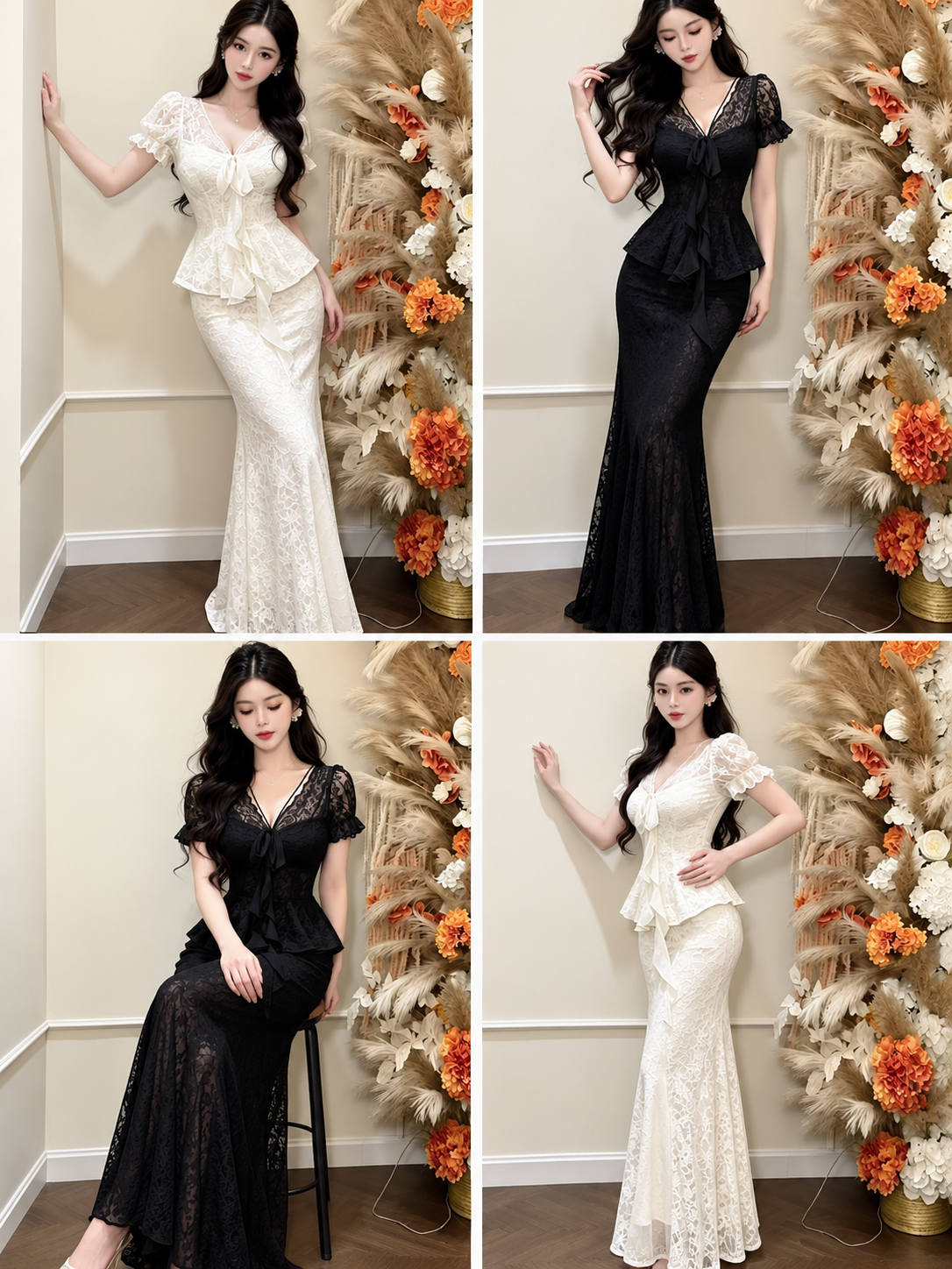 Black and ivory floral lace peplum mermaid gown with bow neckline and short puff sleeves front and side views