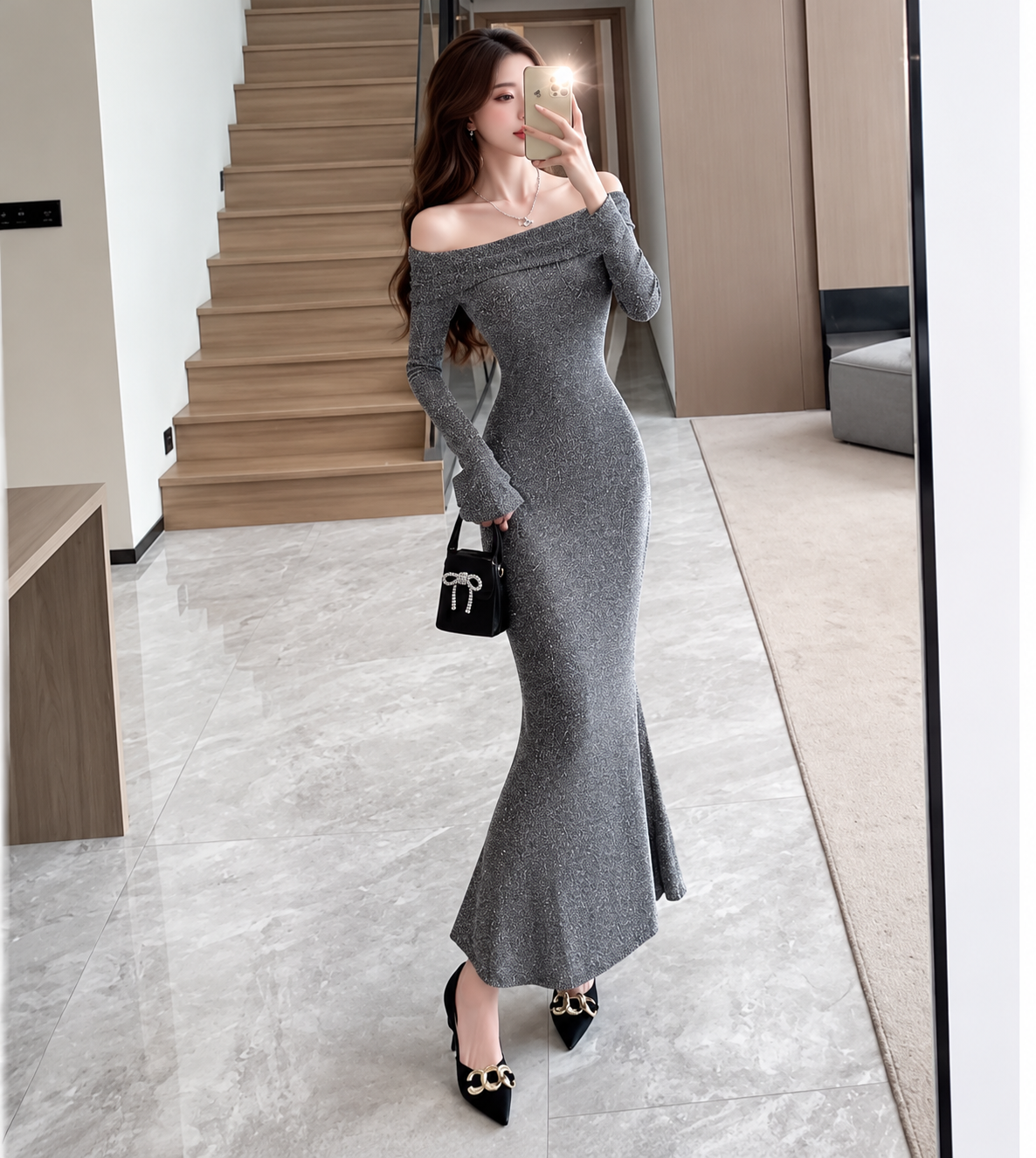 Grey shimmer off shoulder long sleeve fitted mermaid maxi gown front view Korean wholesale