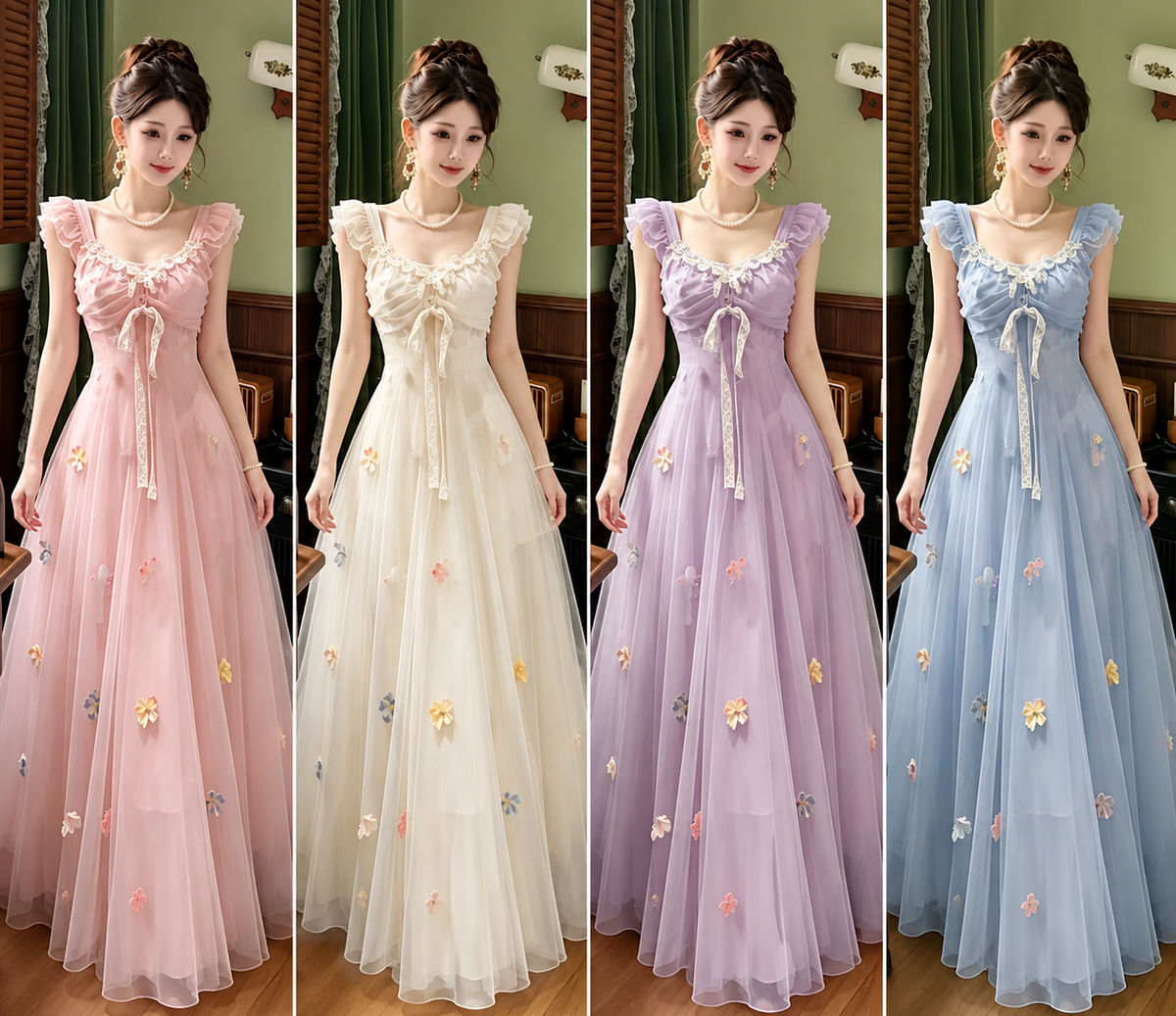Pink ivory lavender blue floral applique ruffle strap maxi gown Korean wholesale front view