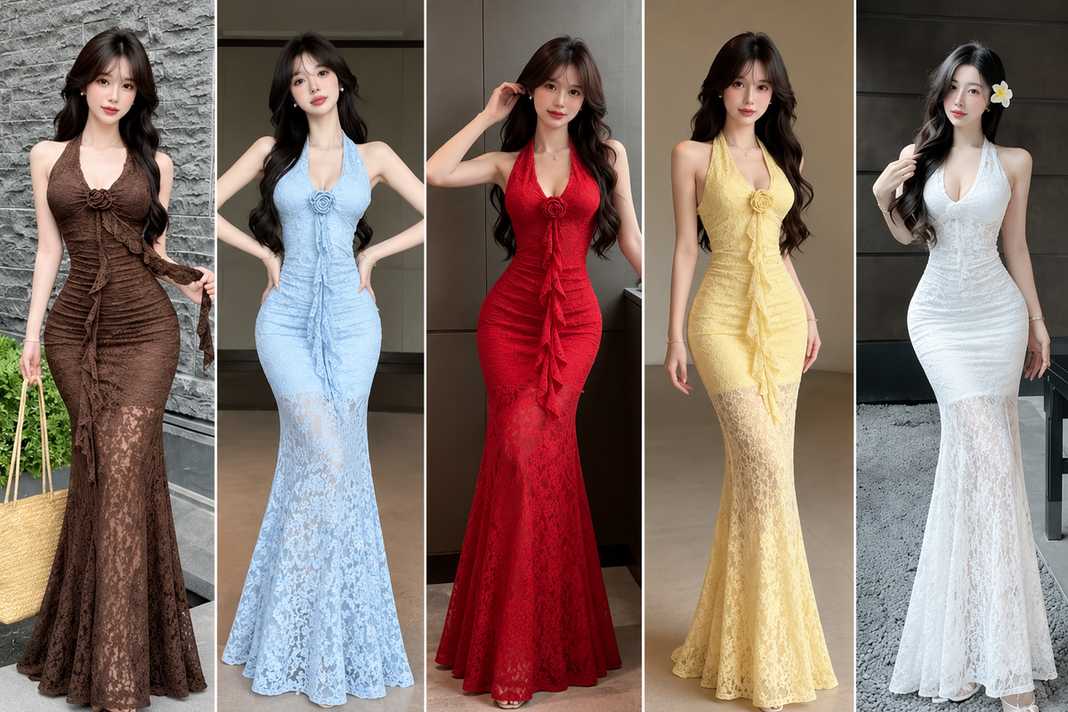 Brown blue red yellow white floral lace halter neck mermaid maxi gown wholesale front view